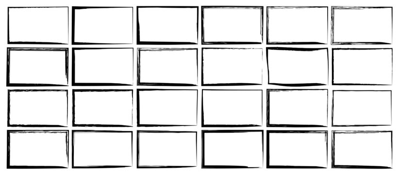 Brush border frame set. Rough sketch edge textboxes. Handdrawn brush stroke outline rectangles. Grunge texture rough line black ink scribble istressed scratch effect. Modern vector old photo poster bg