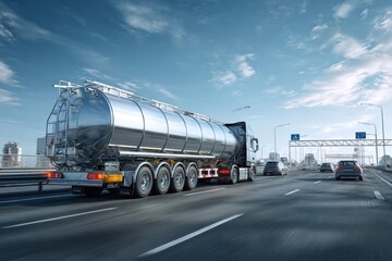Fototapeta premium Large fuel tanker on a busy multi lane highway