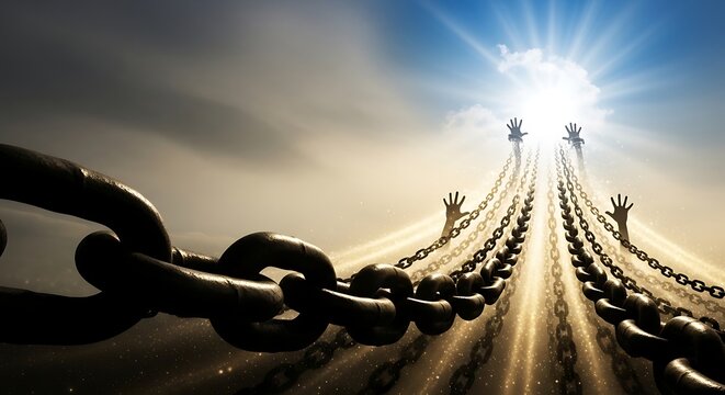 Conceptual image of human hands breaking chains reaching toward a bright light of hope.