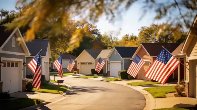 Fluttering American flags on suburban street, breeze ruffling yellow leaves and camera shifting