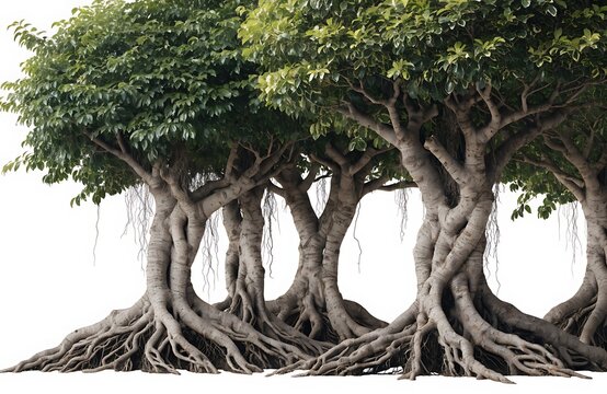 Side view of Ficus benjamina urban trees isolated on white background