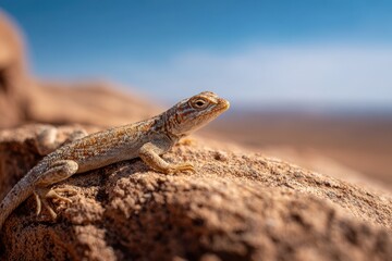 Obraz premium Lounging desert lizard basking on sun-warmed rock during golden hour