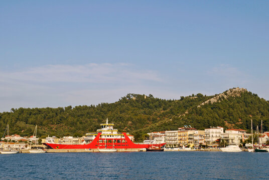 ferry mooring in thassos town or limenas, thassos island, greece