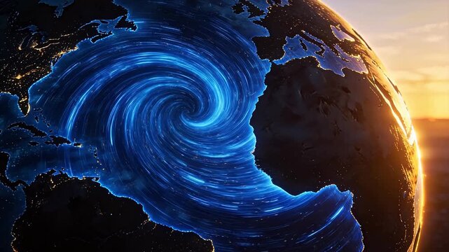 Earth with blue spiral light overlay and city lights under warm glowing edge