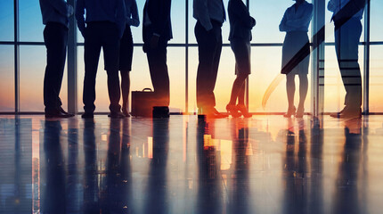 Plakat Silhouettes of business professionals observing a vibrant city skyline at sunset.