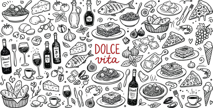 Italian food doodles with pasta pizza wine and seafood on a white background