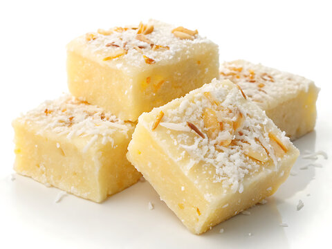 Coconut barfi pieces with grated coconut topping, isolated