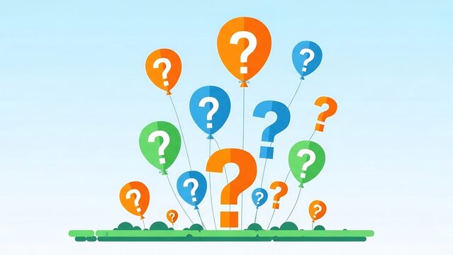Colorful question mark balloons floating above grass line vector, ideal for quiz games, FAQ web headers, survey landing pages, and business problem-solving layouts
