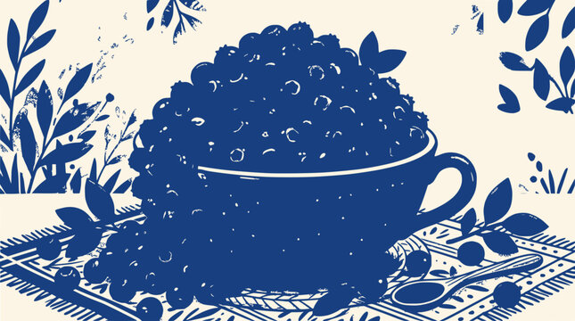 Blueberry Heap in Cup with Leaves and Spoon, Hand-Drawn Style
