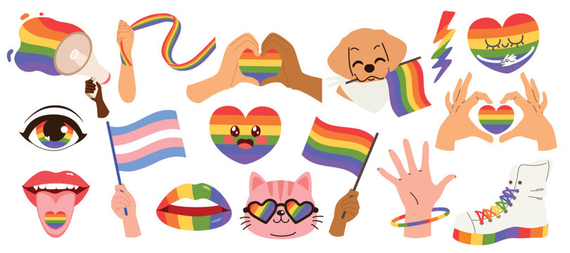 LGBTQ stickers set. Rainbow flags, heart, crown, cute dog and cat with LGBTQIA symbols bundle