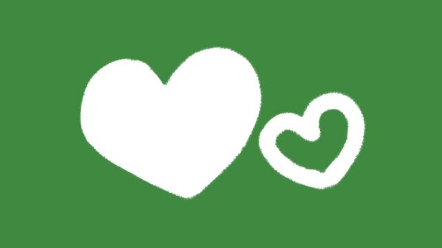 White chalk hearts drawn isolated on green screen chalkboard texture background for romantic love shapes and childhood doodle drawing element concept.