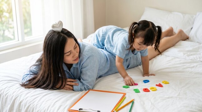A mother and young daughter lying on a bed, playing with colorful tiles and a whiteboard with pencils, in a bright and cozy bedroom with a window
