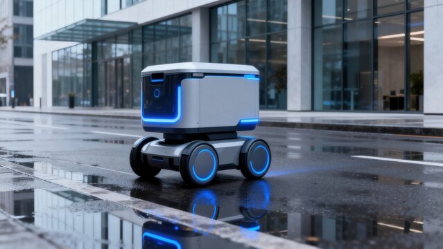 Autonomous delivery robot on wet street