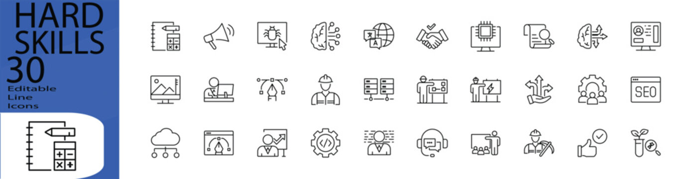 Hard Skills line editable icon set. Editable stroke. Vector illustration.