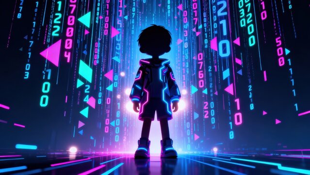Silhouette of a figure in a digital matrix