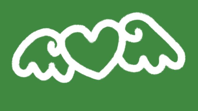 White chalk heart with angel wings drawn isolated on green screen chalkboard background for romantic element concept.