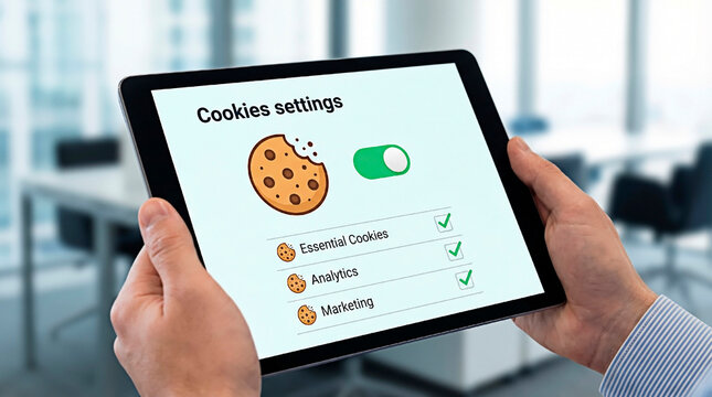 A person holding a tablet displaying cookie settings, showcasing technology and user privacy.
