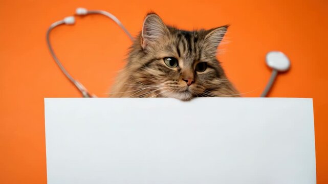 Static shot of tabby cat peeking over white sign with stethoscope prop on orange background in veterinary studio showing subtle head turn and gaze change