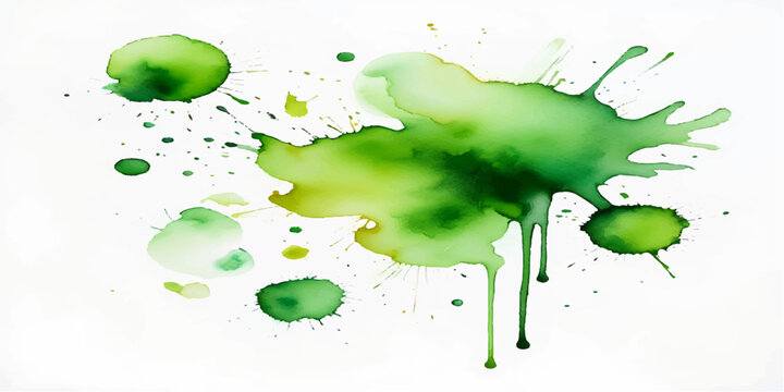 Green paint splashes and watercolor ink blots create a grunge splatter texture design on a paper background illustration