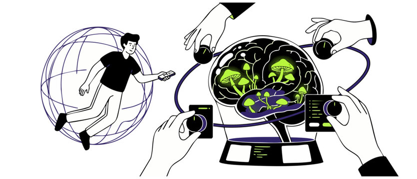 Brain microdosing psilocybin psychedelic therapy with hands adjusting control knobs and man floating in digital sphere, symbolizing mind control, neuroplasticity, biotech mental health concept.