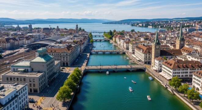 aerial view of zurich city with river and boats
