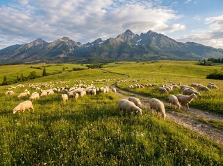 Fototapeta premium Flock of Sheep Grazing in a Lush Green Meadow with Majestic Mountains in the Background