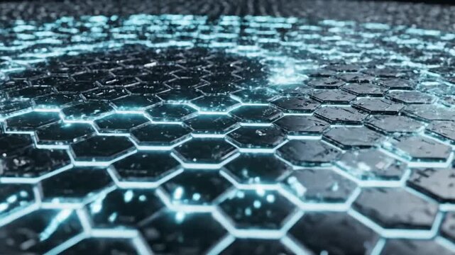 Glowing blue hexagonal grid pattern on dark background.