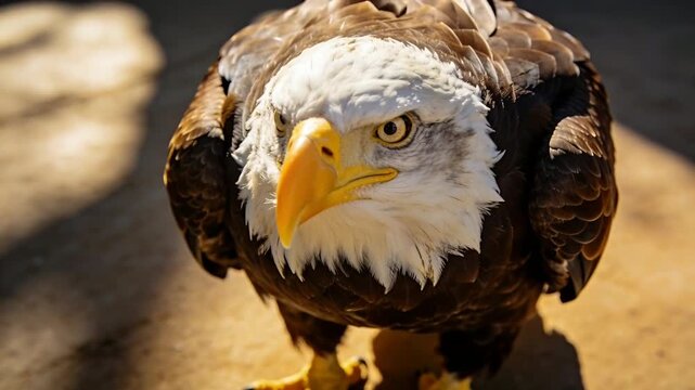 Turning head, shifting feet, bald eagle watching offscreen motion on sunlit tan ground, with jesses