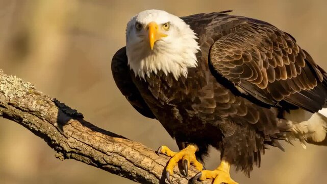 Advancing frames causing bald eagle leaning on branch in woods, talons gripping, watching camera