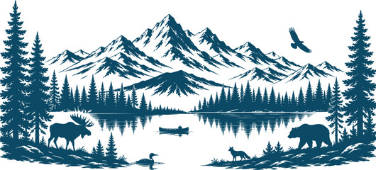 Fototapeta premium Beautiful mountain landscape with wildlife and serene lake reflection featuring moose and bear