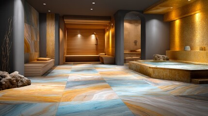 Fototapeta premium Tranquil Spa Interior with Limestone Flooring and Natural Stone Textures for a Relaxing Atmosphere