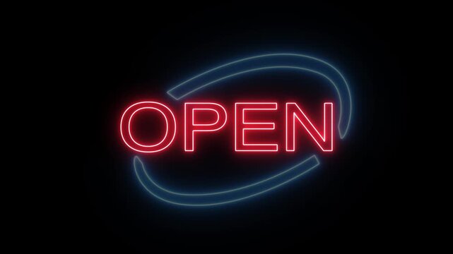 Glowing red neon "Open" sign with blue oval frame on a dark background. neon light motion