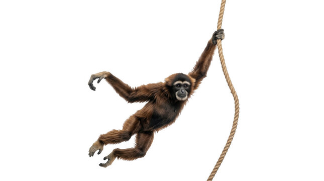 A brown gibbon monkey with long arms swinging from a thick, textured vertical rope against a solid black background
