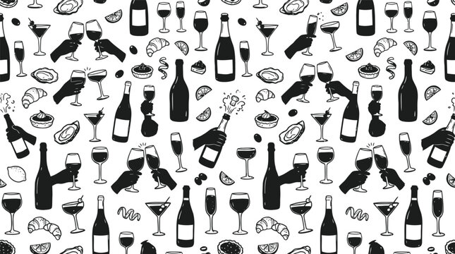 Hand drawn food and drink pattern with wine glasses bottles and pastries on white background