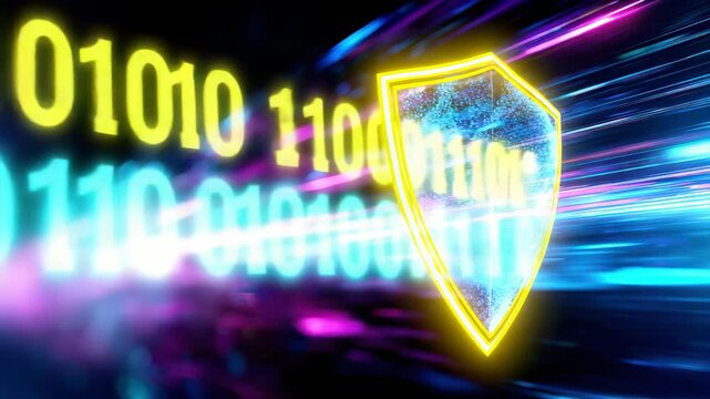 Tracking shot of glowing shield protecting streaming binary data in neon cyberspace tunnel