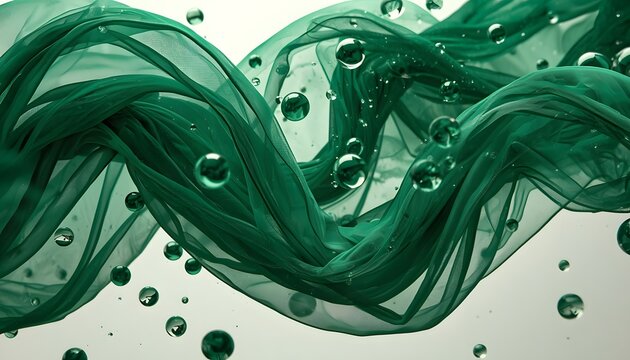 Hyper realistic close up of a royal emerald green velvet and sheer silk fabric floating in zero gravity with suspended liquid spheres.