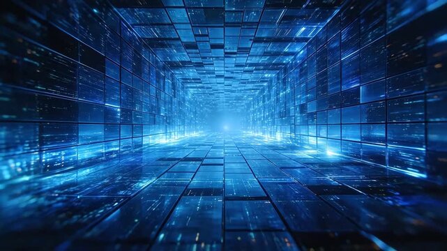 Digital corridor with blue glass tiles and bright perspective