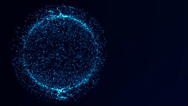 Blue glowing particle energy sphere on dark background, futuristic AI data core loop for cyber technology, science visualization.Virtual assistant