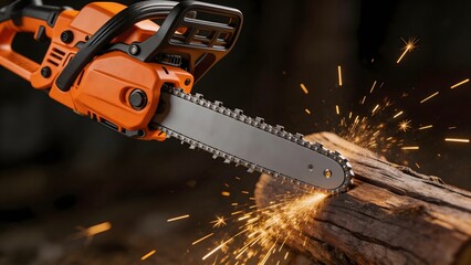 Naklejka premium Electric chainsaw cutting wood with sparks