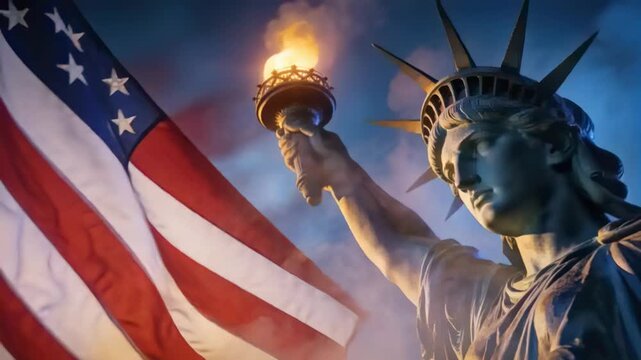 Statue of Liberty holding lit torch at harbor, breeze billowing American flag and drifting smoke