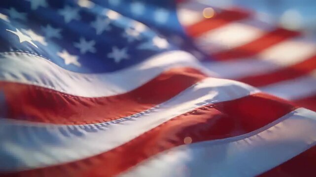 Waving US flag fabric rippling from wind in closeup, camera shifting to reveal stars and stripes