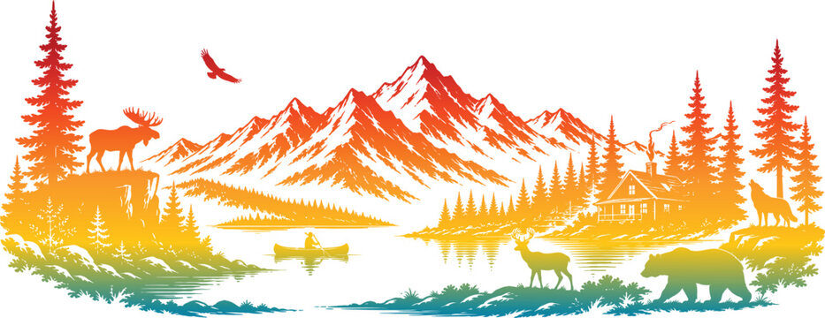 Vibrant Mountain Landscape Featuring Wildlife Deer Elk Moose Bear Forest Scenic Nature Illustration