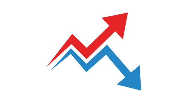 Red upward arrow and blue downward arrow depicting opposing market trends and financial fluctuations.