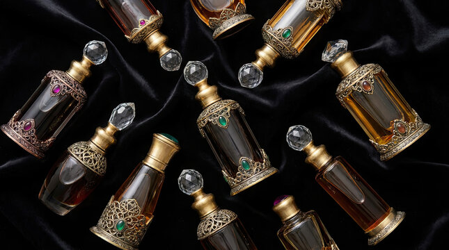 Elegant Arabic attar perfume bottles with ornate designs and vibrant colors displayed black