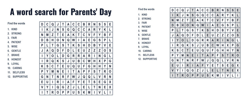 Word search puzzle sheet for Parents' Day celebration activity  