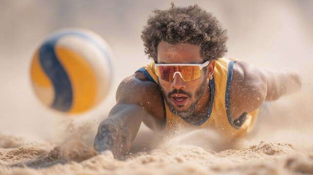 Beach volleyball player diving with ball approaching.