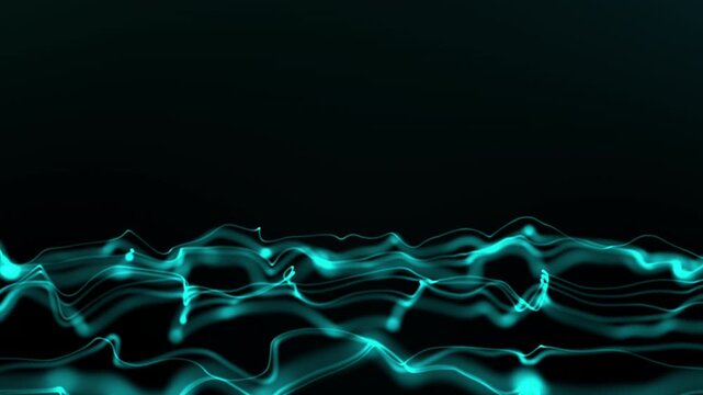 Cyan glowing liquid energy wave flowing on dark background, abstract digital data stream loop for technology visuals, cyber screens, and VJ motion design