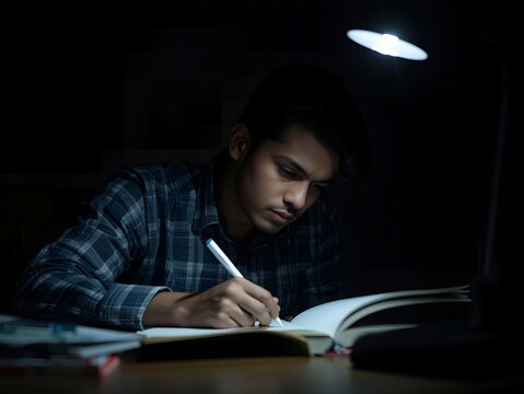 Young man reading book at night under dim desk lamp in home study mood