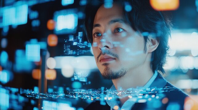 asian businessman looking at digital data visualization