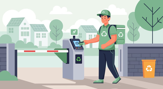 Eco-friendly delivery person uses access control system for recycling plant community